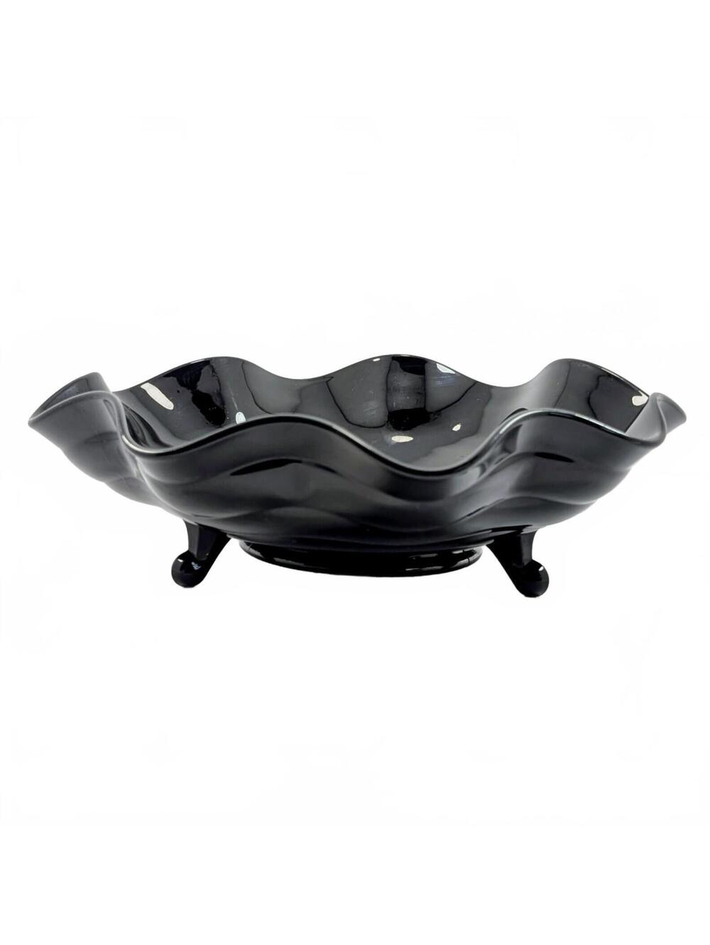 L.E. Smith Black Amethyst 3-footed Ruffled Edge Depression Bowl 10"